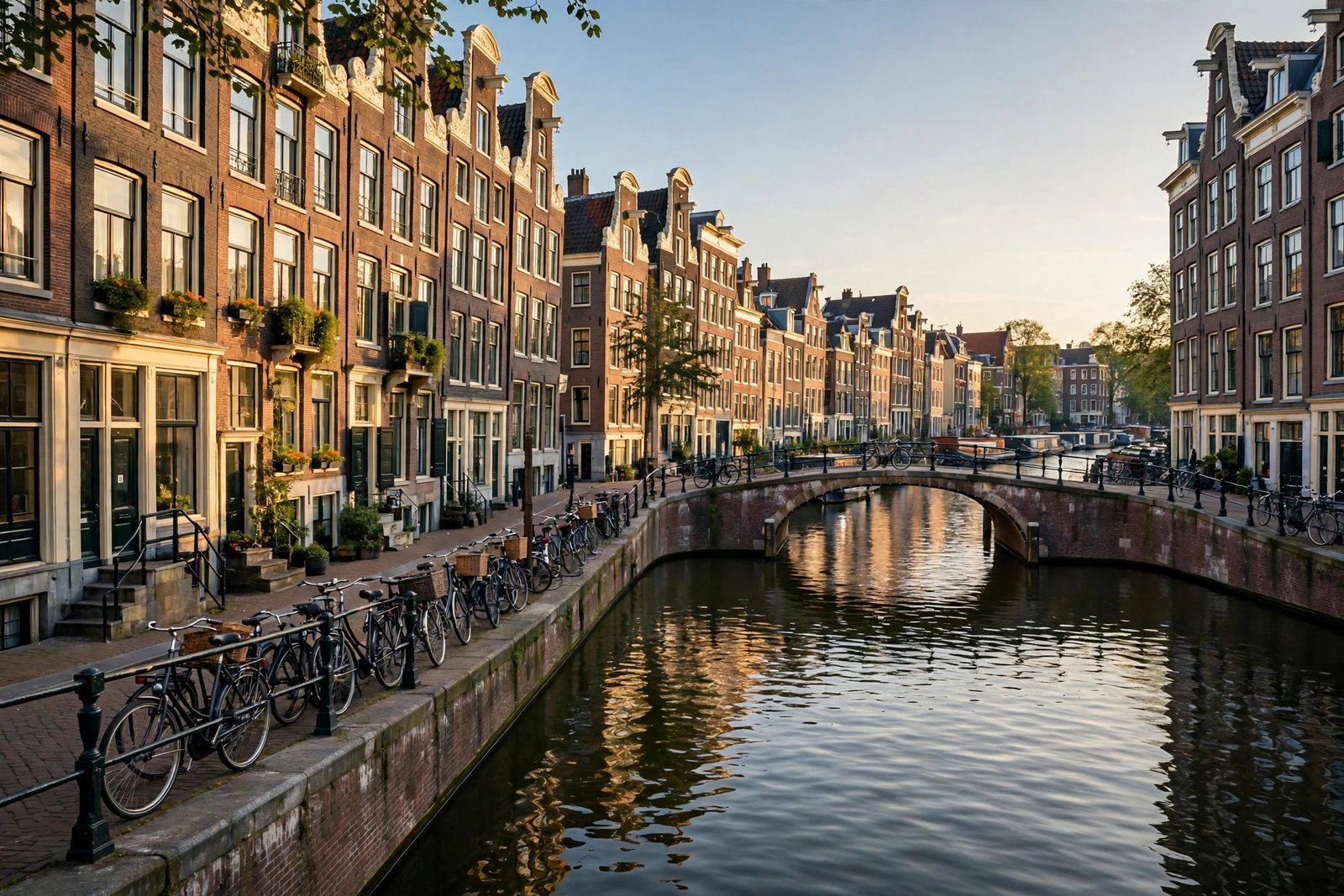 A canal in Amsterdam lined with tall gabled houses and bicycles, with a bridge crossing the water.