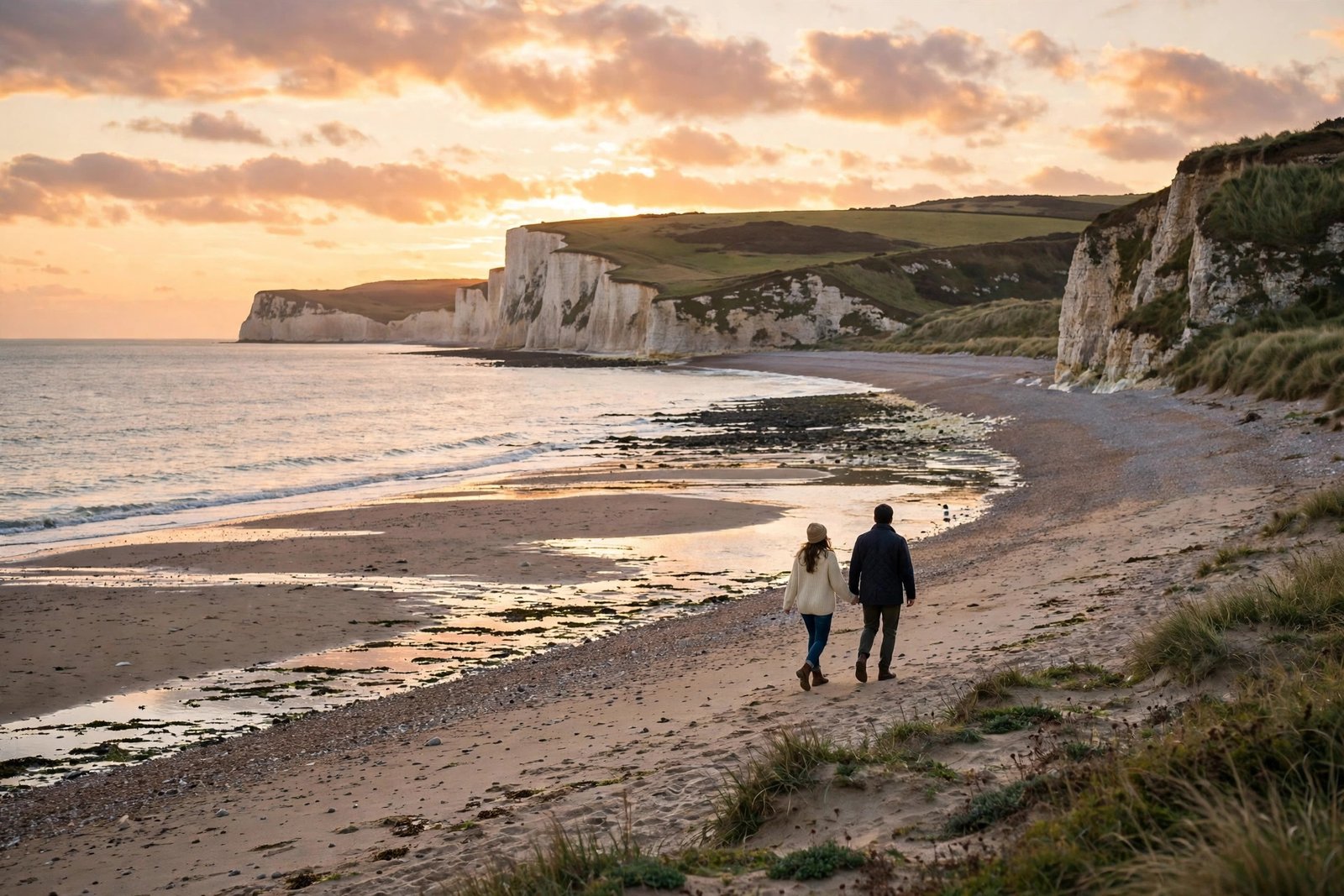 A couple walking hand in hand along a quiet beach at sunset on a romantic UK getaway.