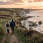 Couple walking along a quiet UK coastal path at sunset during a romantic weekend getaway