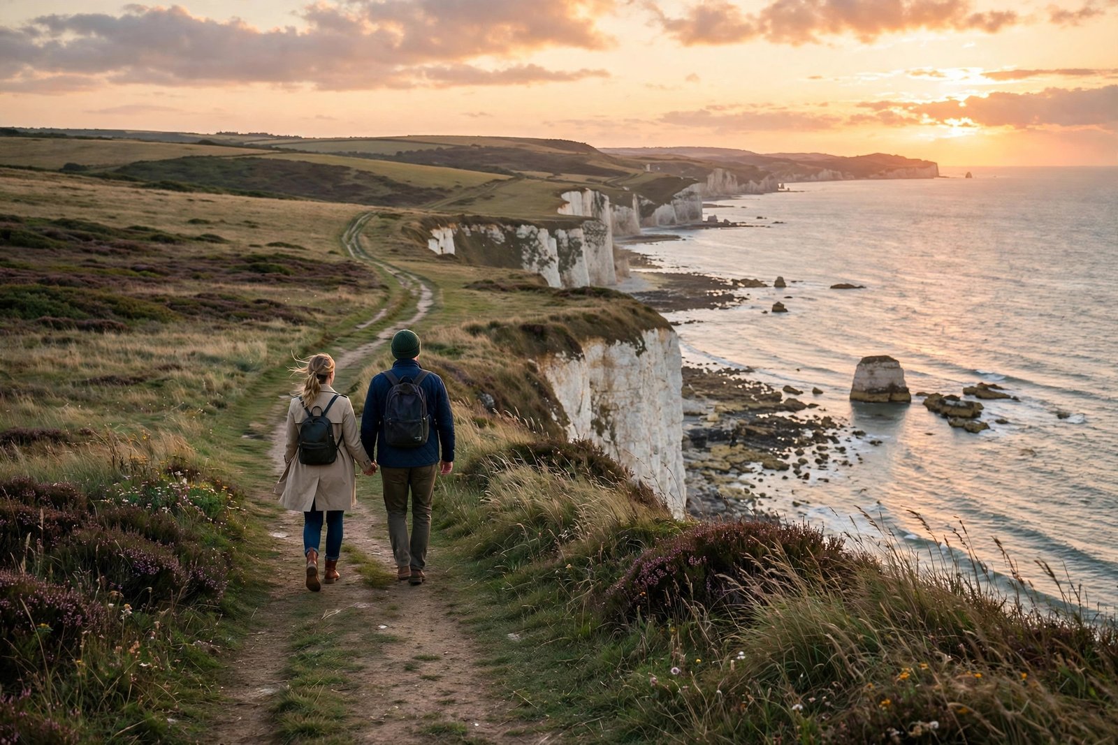 Couple walking along a quiet UK coastal path at sunset during a romantic weekend getaway